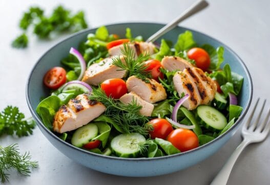 En lækker og farverig kyllingesalat med friske ingredienser, præsenteret på en moderne tallerken.